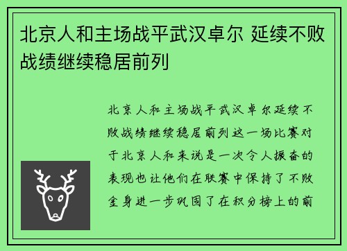 北京人和主场战平武汉卓尔 延续不败战绩继续稳居前列